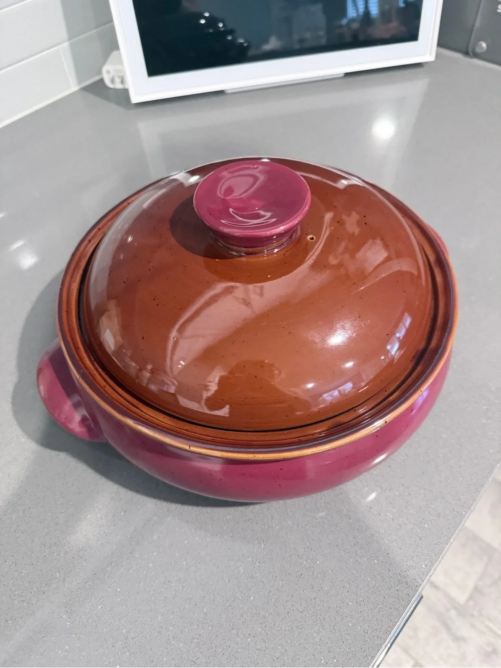 Ceramic Covered Casserole Dish in Brown and Pink